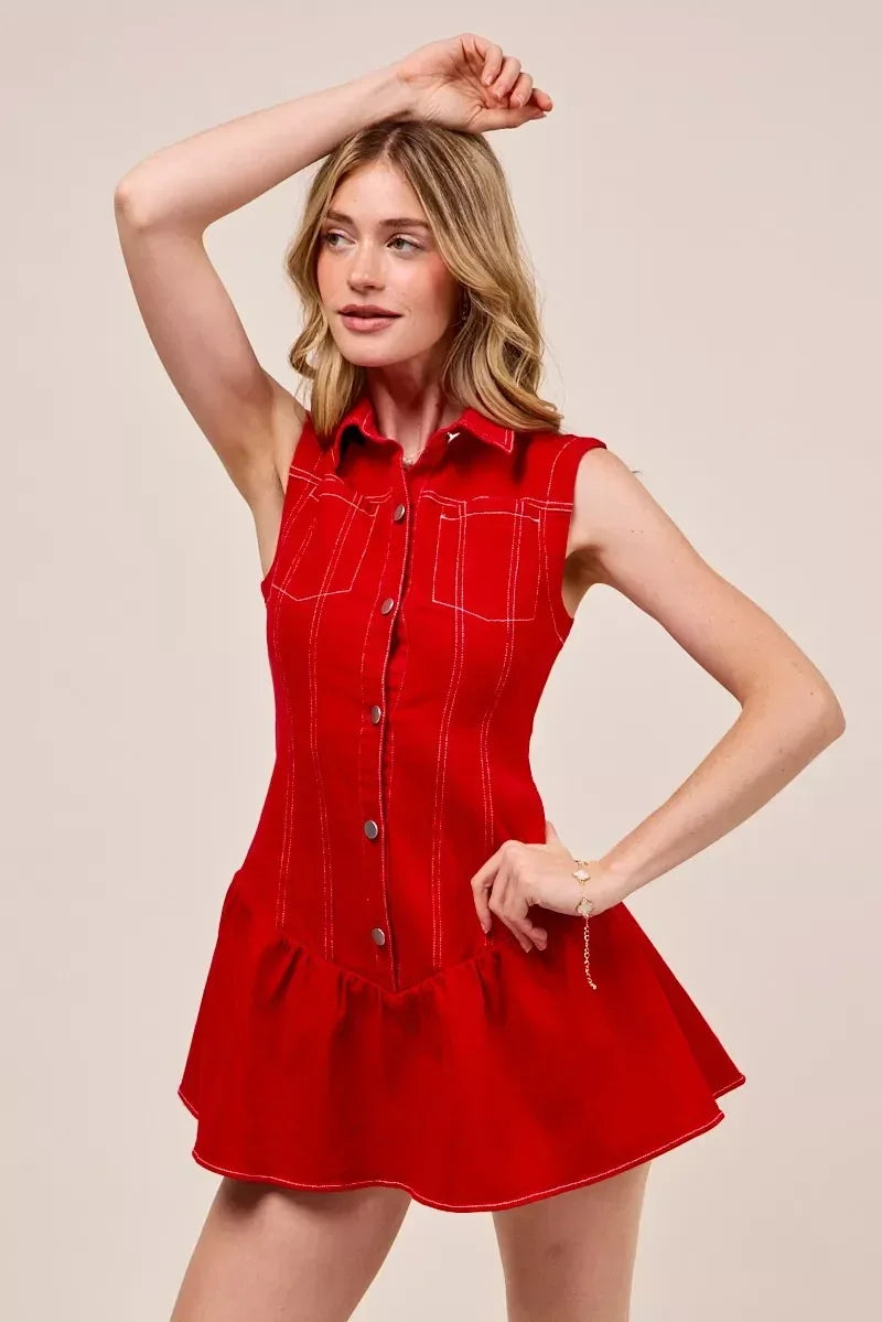SO ME Button Down Sleeveless Collared Game Day Mini Dress - DAVERRI FASHIONS