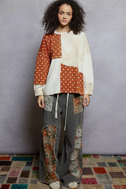 POL Contrast Patchwork Round Neck Long Sleeve Top | Tops Daverri Fashions