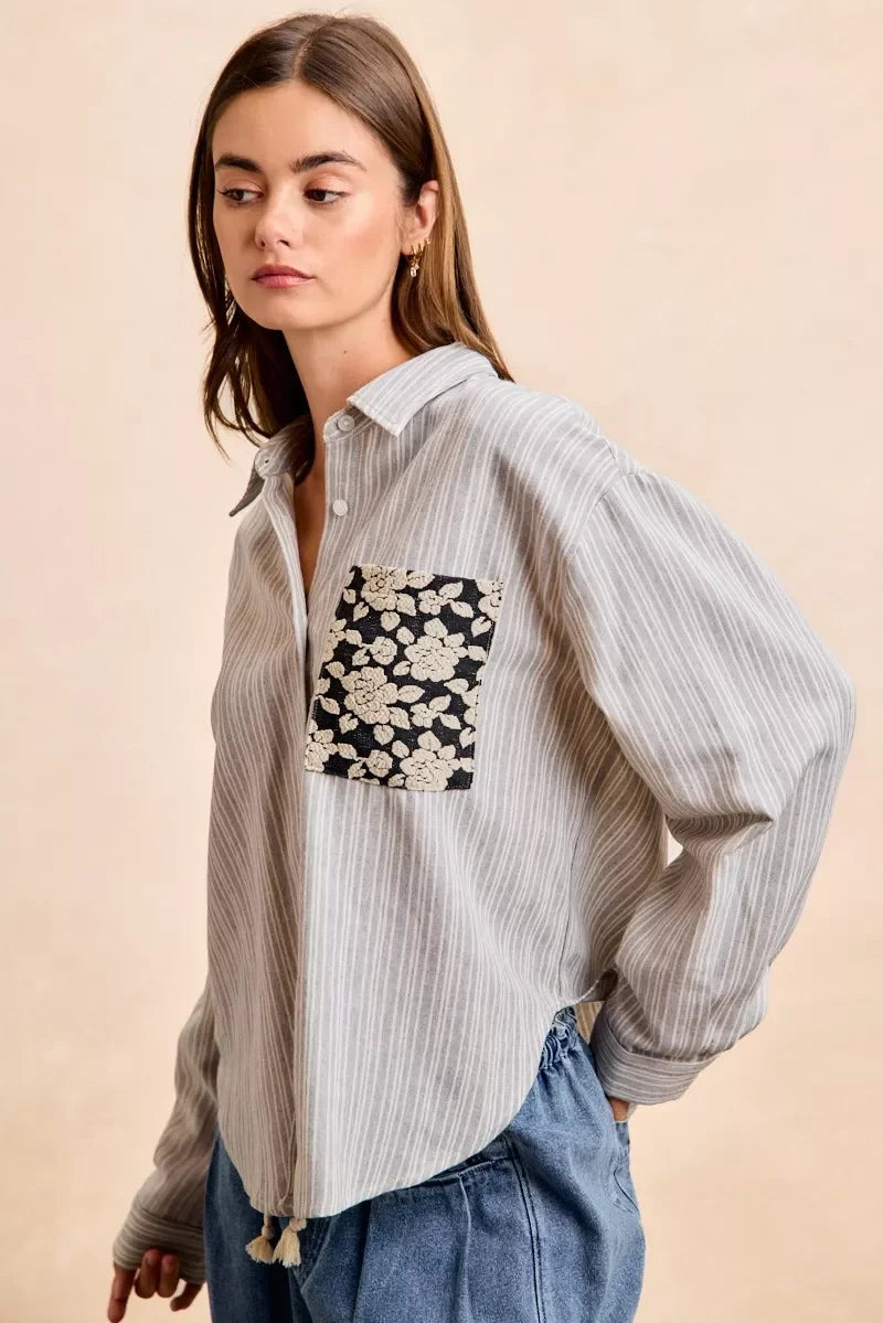 BiBi Flower Jacquard Knit Patch Pocket Stripe Shirt in gray and white