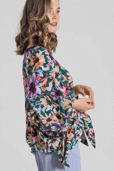 Umgee Full Size Floral V-Neck Tie Sleeve Blouse Plus Size Blouses