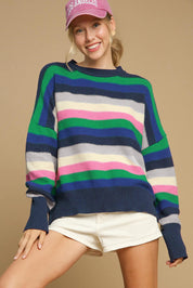 Rainbow Striped Crew Neck Drop Shoulder Sweater | Sweaters Daverri Fashions