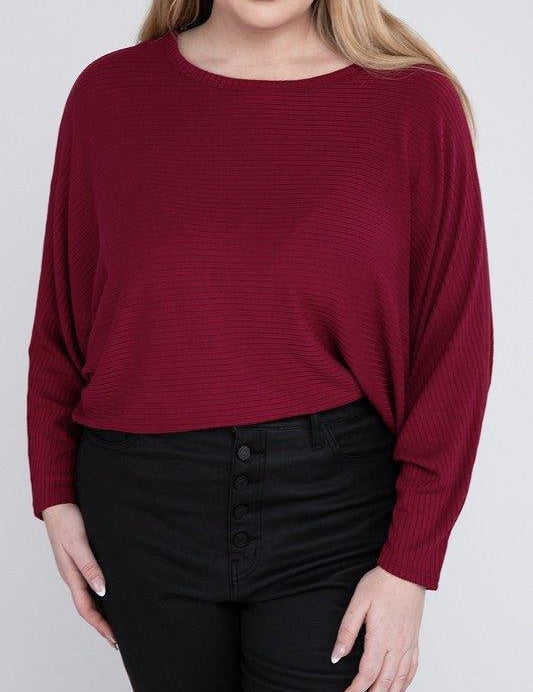 Zenana Plus Batwing Sleeve Knit Top-Casual Comfort CABERNET 3X Shirts & Tops