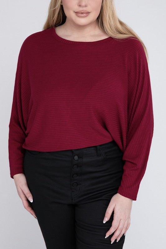 Zenana Plus Batwing Sleeve Knit Top-Casual Comfort CABERNET 3X Shirts & Tops