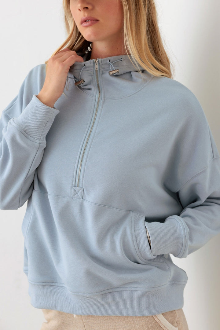 Half Zip Drawstring Mock Neck Hoodie Tops