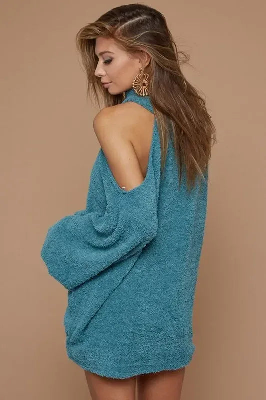 BiBi Belle Sweater Knit Open One Shoulder Turtle Neck - DAVERRI FASHIONS