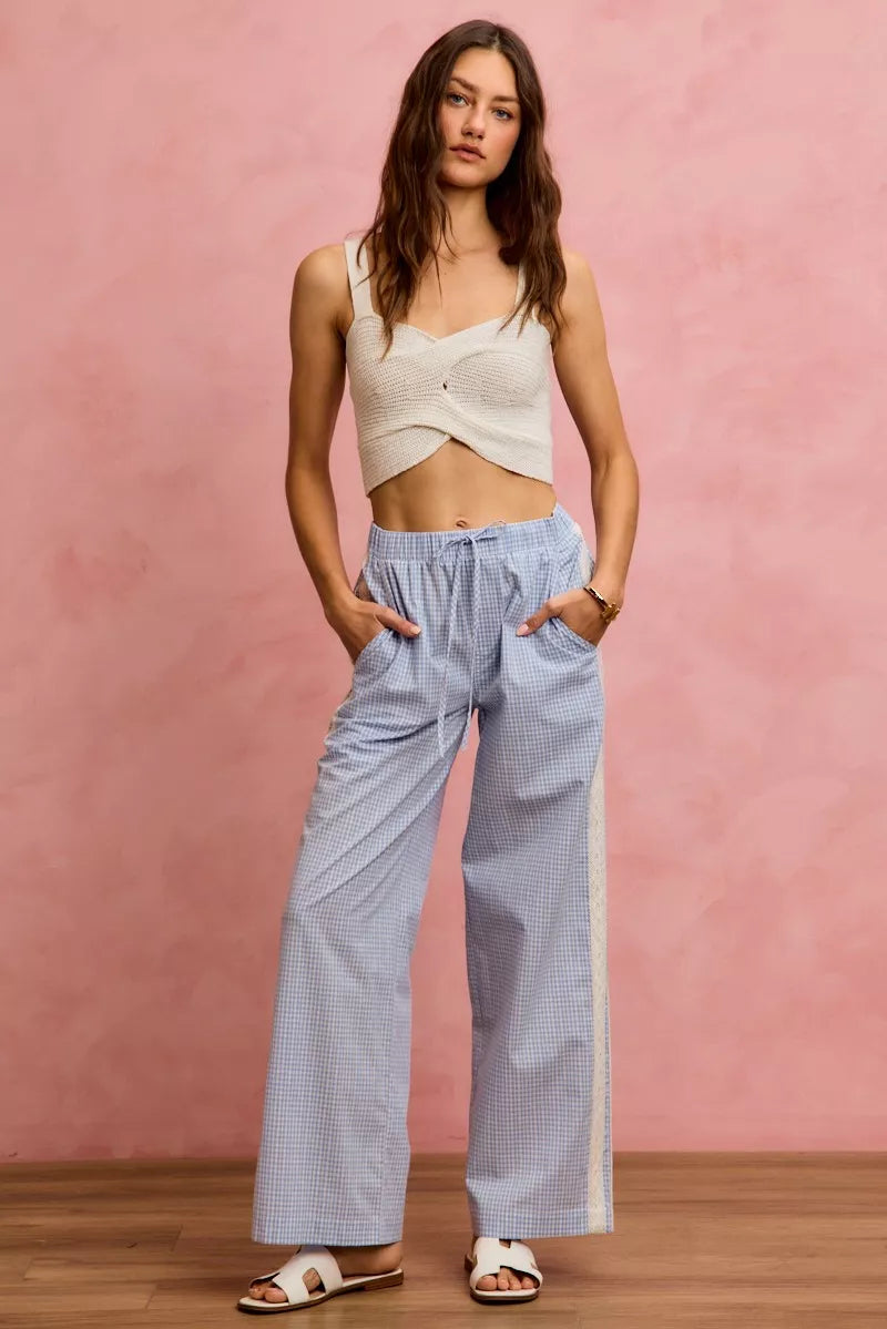 SO ME wide check pants with light blue white gingham drawstring waist