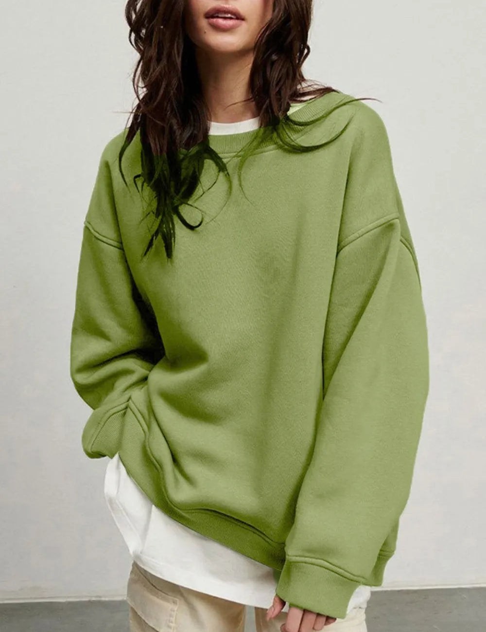 Matcha Green Round Neck Dropped Shoulder Long Sleeve Sweatshirt | Sweatshirts Daverri Fashions