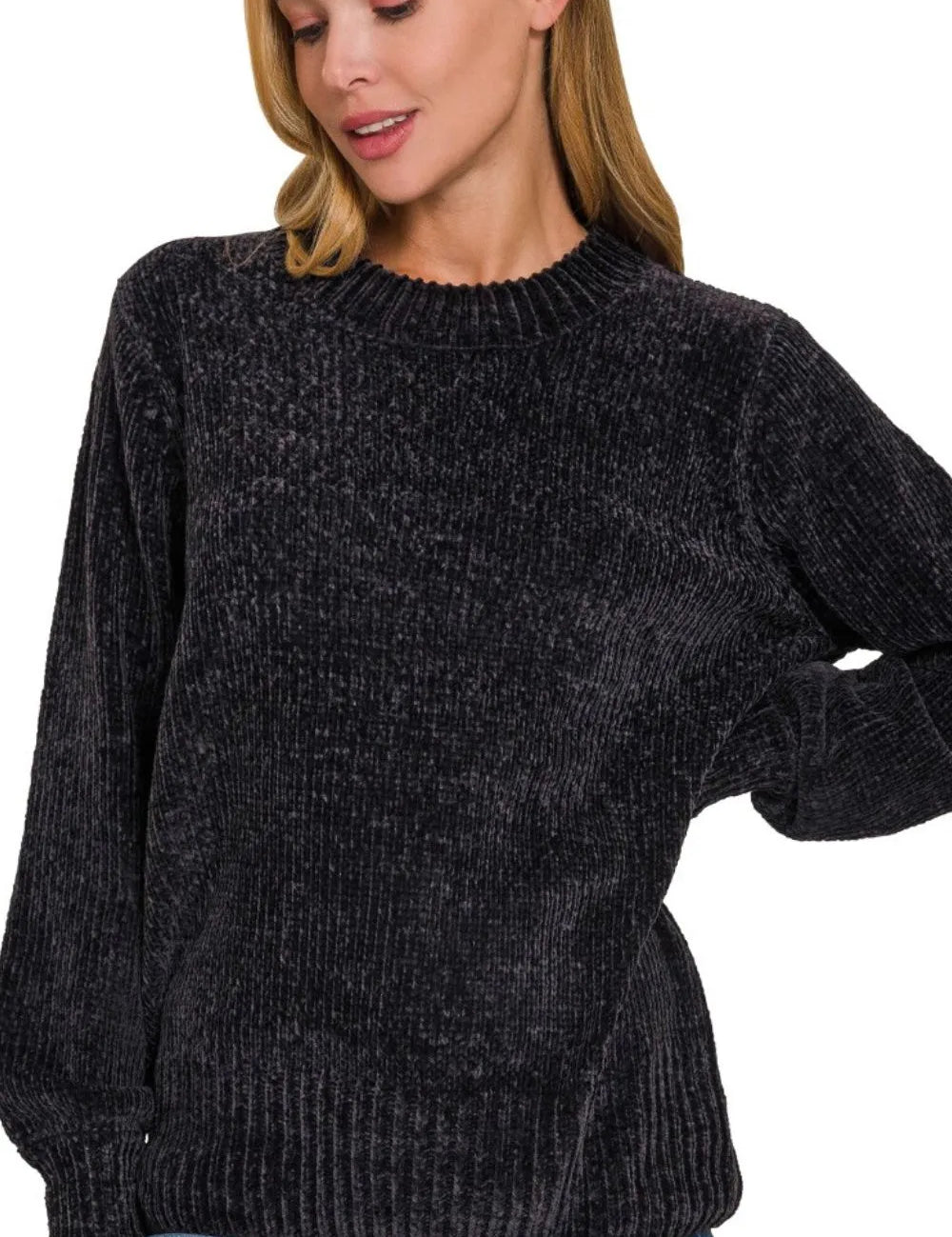 BLACK Zenana Round Neck Balloon Sleeve Chenille Sweater | Sweaters Daverri Fashions