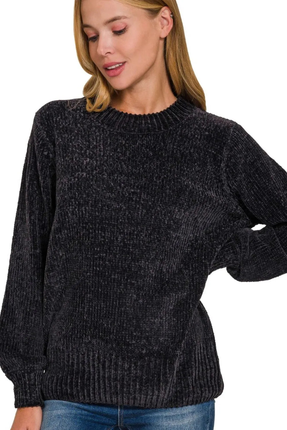 BLACK S M Zenana Round Neck Balloon Sleeve Chenille Sweater | Sweaters Daverri Fashions