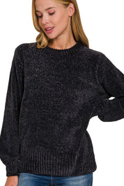 BLACK S M Zenana Round Neck Balloon Sleeve Chenille Sweater | Sweaters Daverri Fashions
