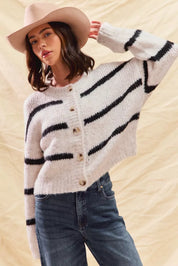 SO ME Stripe Soft Touch Button Cozy Sweater Cardigan | Cardigans Daverri Fashions
