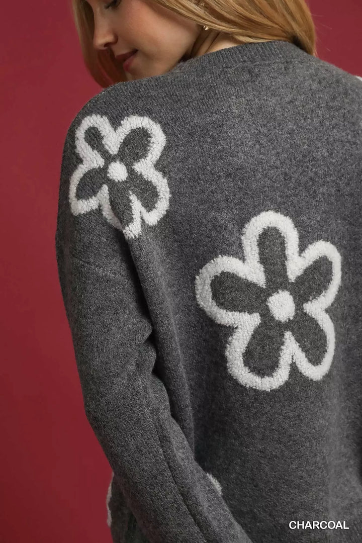 Umgee Round Neck Sweater with Pink Floral Accents | Sweaters Daverri Fashions