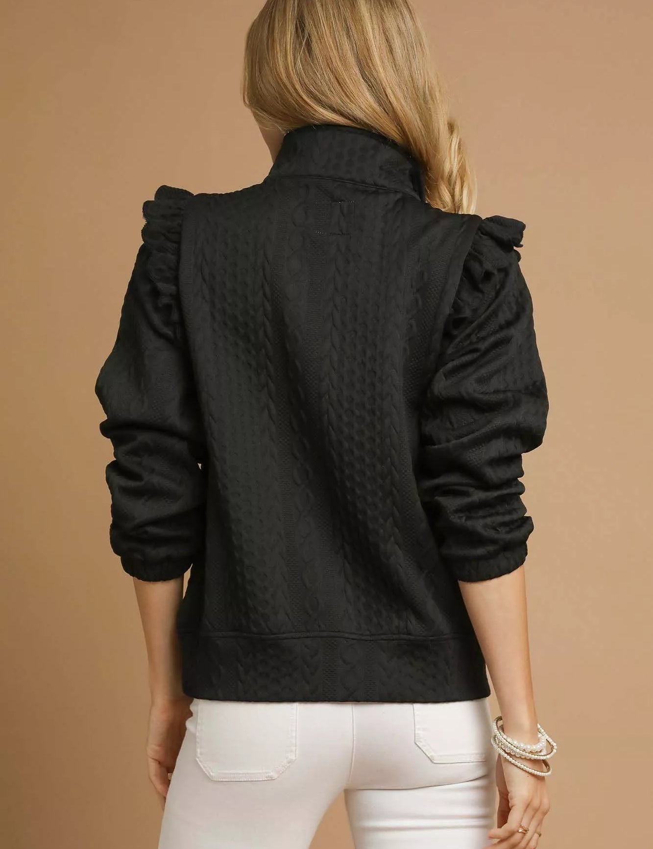 Umgee Cable Knit Textured Pullover with Ruffle Shoulders | Sweaters Daverri Fashions