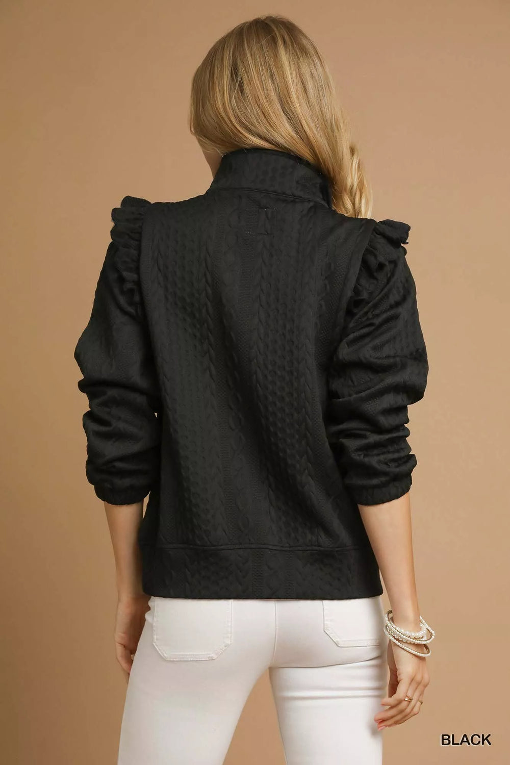 Umgee Cable Knit Textured Pullover with Ruffle Shoulders | Sweaters Daverri Fashions
