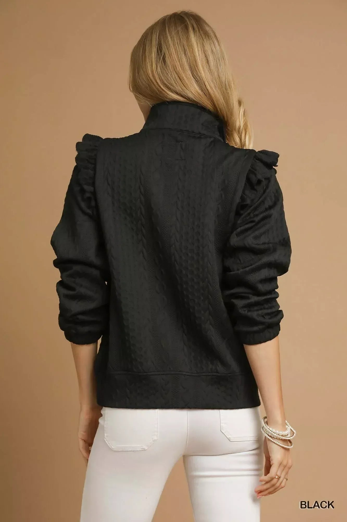 Umgee Cable Knit Textured Pullover with Ruffle Shoulders - DAVERRI FASHIONS