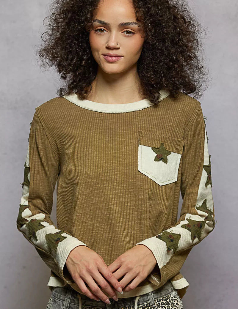 POL Round Neck Long Sleever T-Shirt with Star Patch | T-Shirts Daverri Fashions
