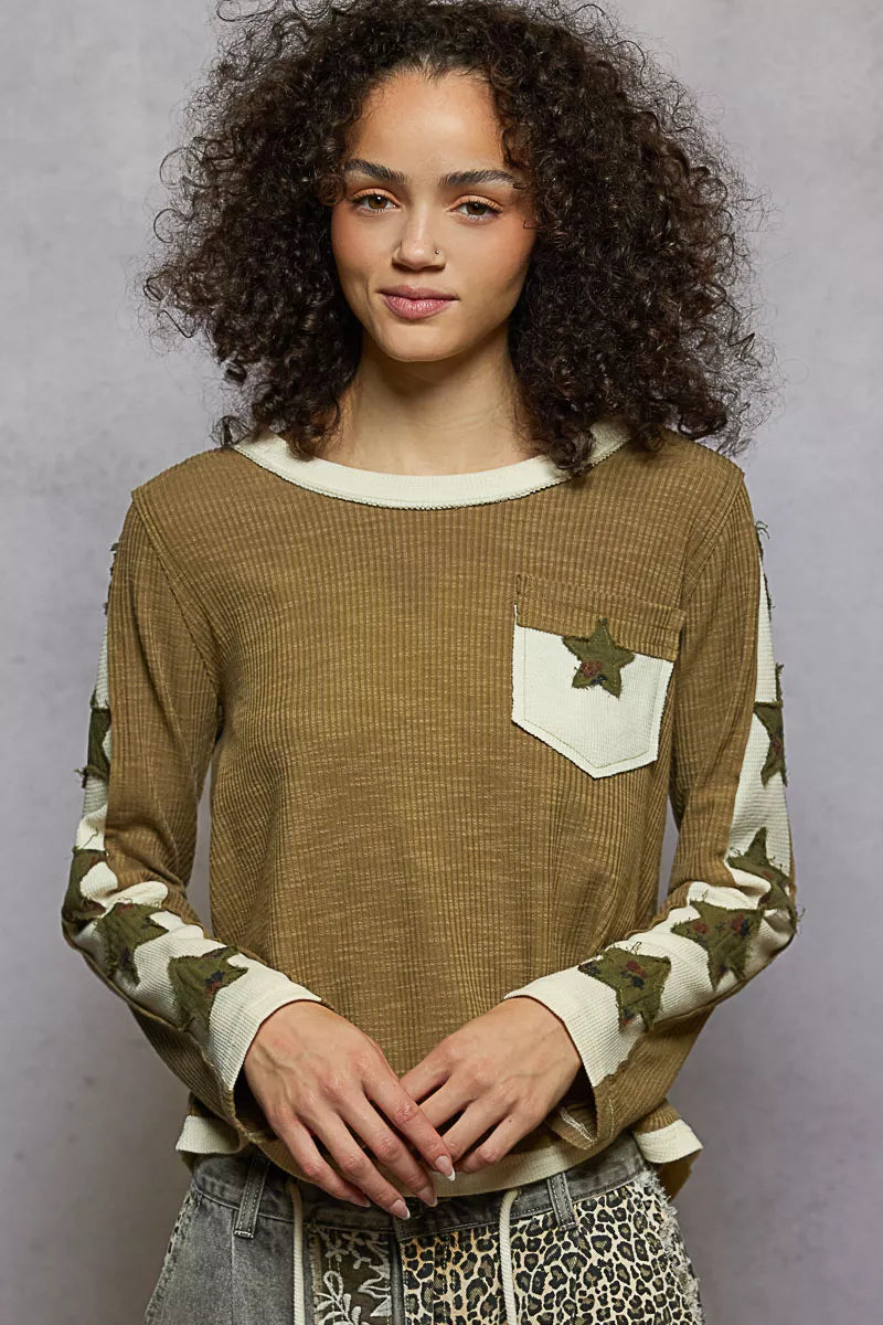 POL Round Neck Long Sleever T-Shirt with Star Patch | T-Shirts Daverri Fashions