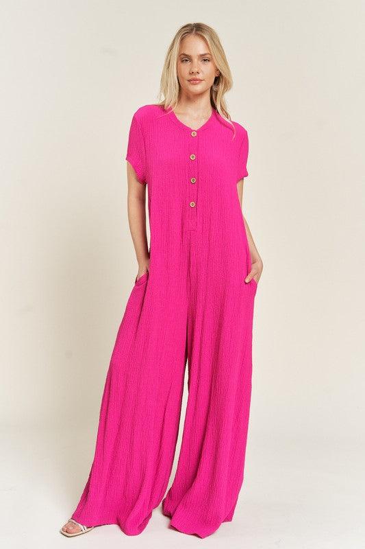 TEXTURED SHORT SLEEVE JUMPSUIT FUCHSIA Jumpsuits