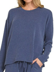 Zenana Corded Rib Long Sleeve Tee and Shorts Set | Loungewear Sets Daverri Fashions