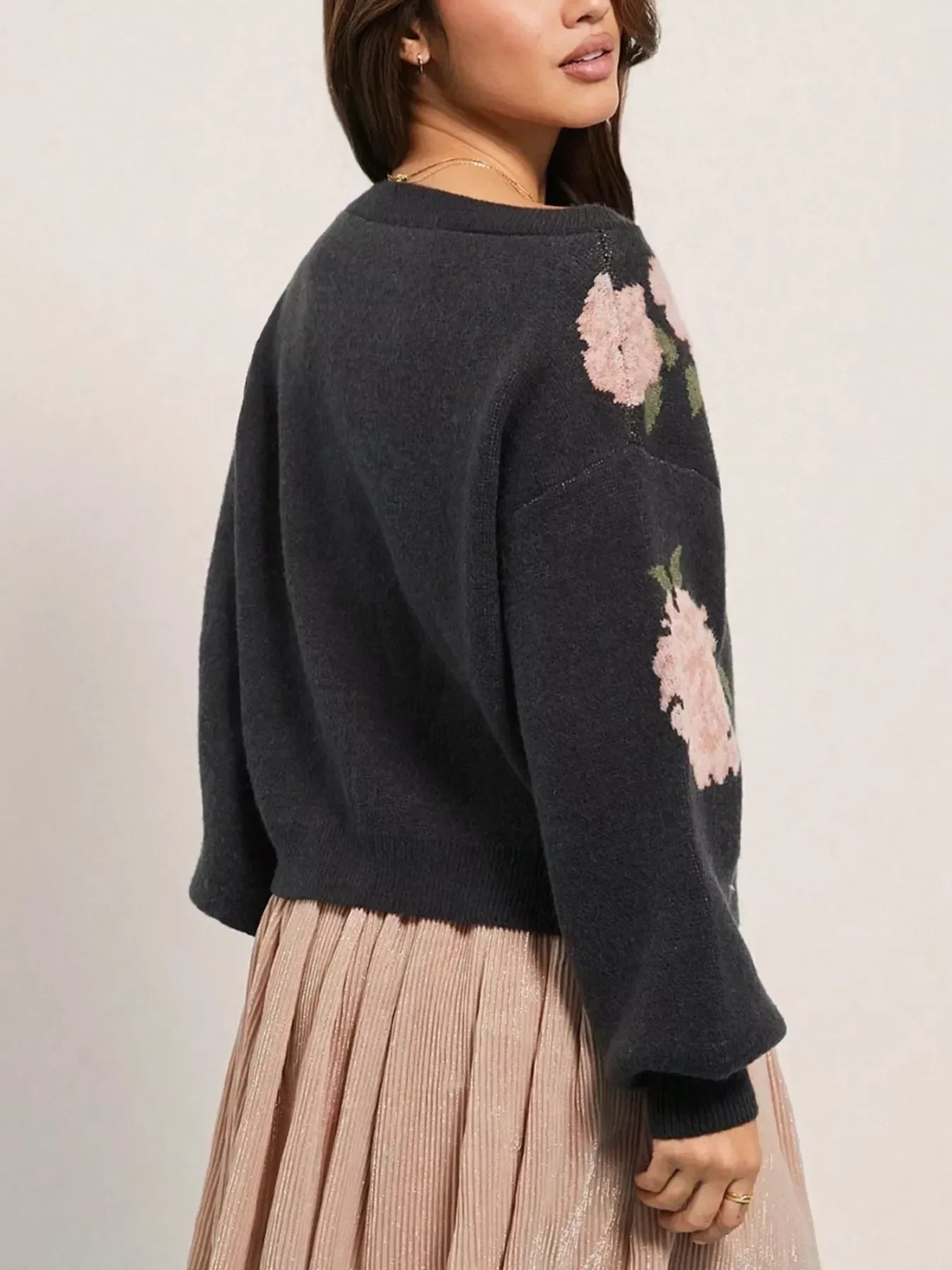 Floral Boat Neck Long Sleeve Sweater - DAVERRI FASHIONS