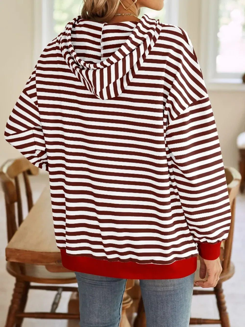 Lovelet Drawstring Striped Long Sleeve Hoodie - DAVERRI FASHIONS
