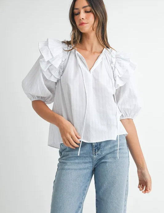 MABLE Stripe Ruffle Shoulder Puff Sleeve Blouse | Daverri Fashions
