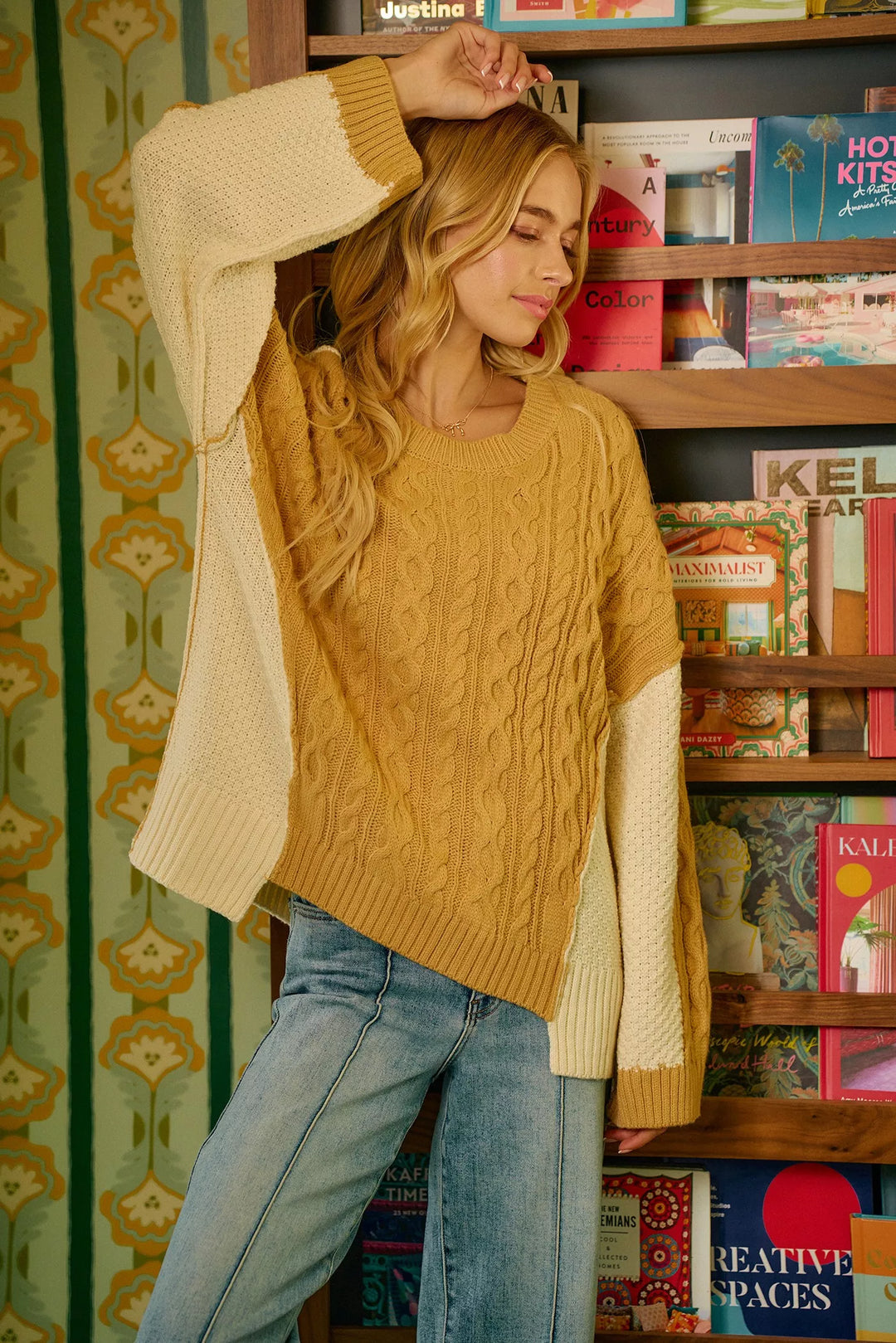 BiBi Cable Knit With Hacci Combo Sweater With Uneven Hem Detail | Sweaters Daverri Fashions