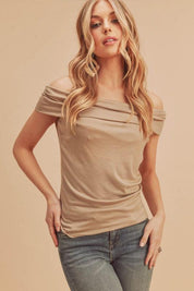 Camel Aemi + Co Off-Shoulder Short Sleeve Top | Tops Daverri Fashions