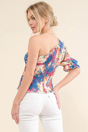 And The Why Allover Floral Print Smocked One Shoulder Blouse | Daverri Fashions