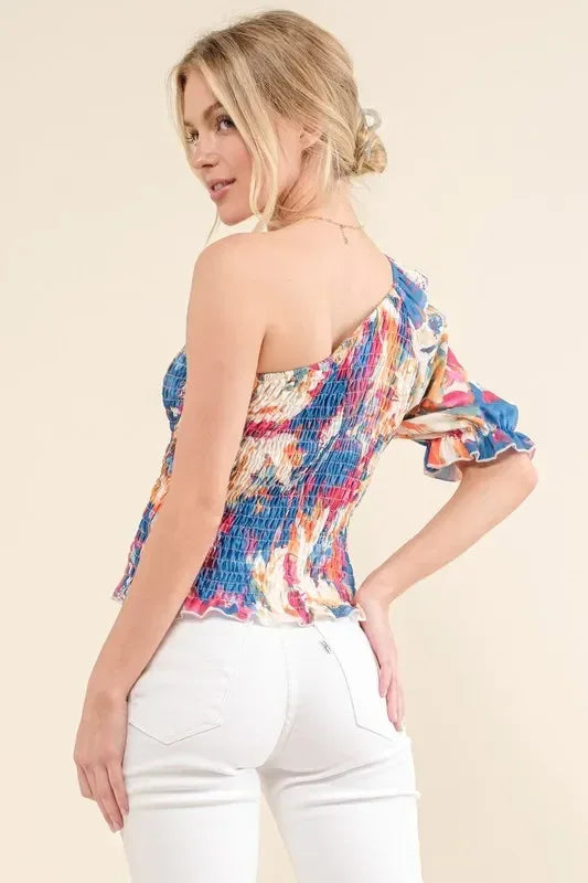 And The Why Allover Floral Print Smocked One Shoulder Blouse - DAVERRI FASHIONS