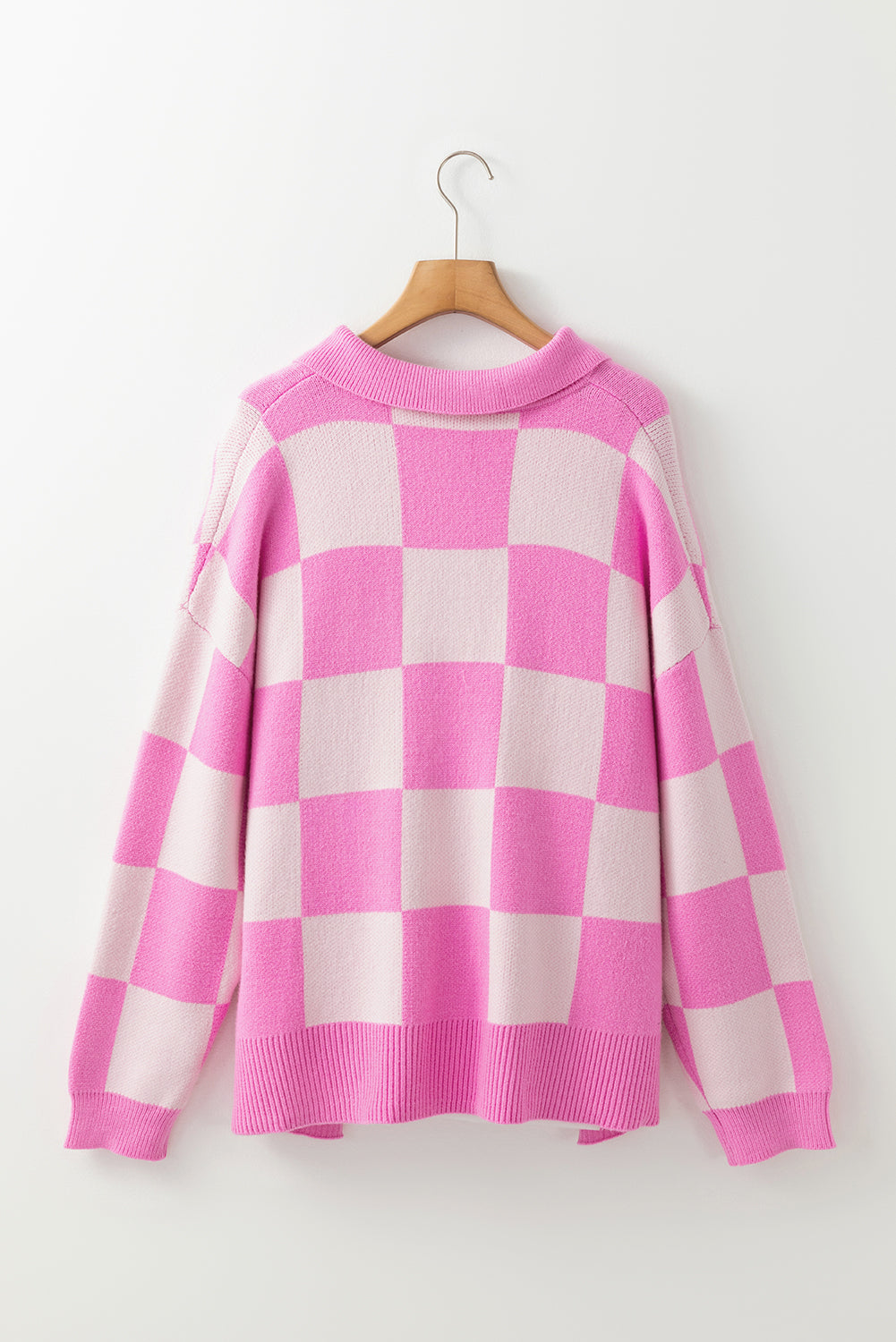 Pink Checkerboard Half Button Collared Drop Shoulder Sweater | Sweaters & Cardigans/Sweaters Daverri Fashions