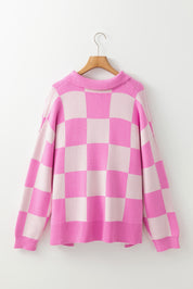 Pink Checkerboard Half Button Collared Drop Shoulder Sweater | Sweaters & Cardigans/Sweaters Daverri Fashions