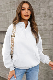 White Quarter Zip Dropped Shoulder Sweatshirt | Sweatshirts Daverri Fashions