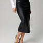 Faux Leather Slit Back Ruched Midi Skirt - DAVERRI FASHIONS