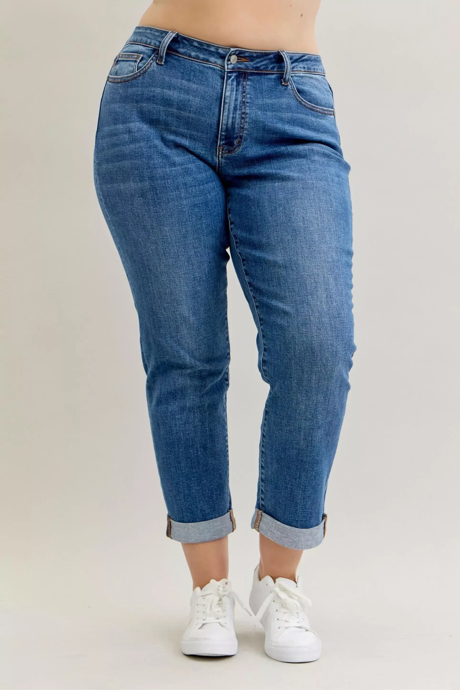Judy Blue Full Size Mid Rise BF Classic Cuffed Jeans Plus Size - DAVERRI FASHIONS