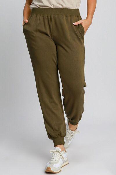 Umgee Full Size High Rise Elastic Waist Knit Joggers with Pockets Joggers