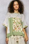POL Sage Floral Patchwork Lace Accent Blouse with pastel florals