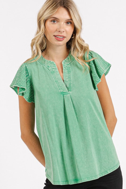 Mittoshop Mix Media Ruffle Short Sleeve Mineral Wash Top