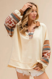 BiBi French Terry Knit and Aztec Print Mixed Top | Tops Daverri Fashions