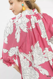 Umgee Peony Illustration Print Flounce Sleeve Blouse | Blouses Daverri Fashions
