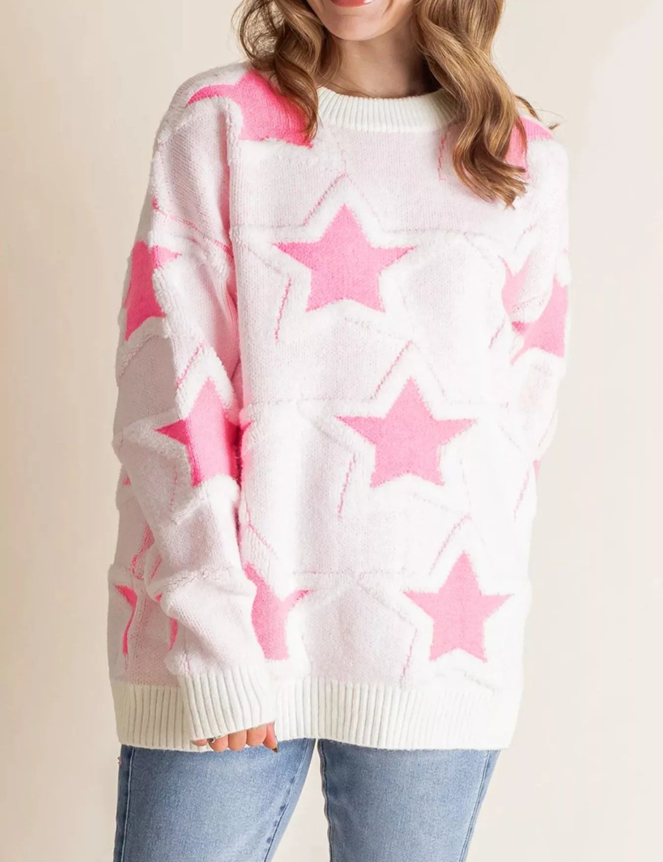 Blush Pink Oversized Star Pattern Ribbed Edge Drop Shoulder Sweater | Sweaters Daverri Fashions