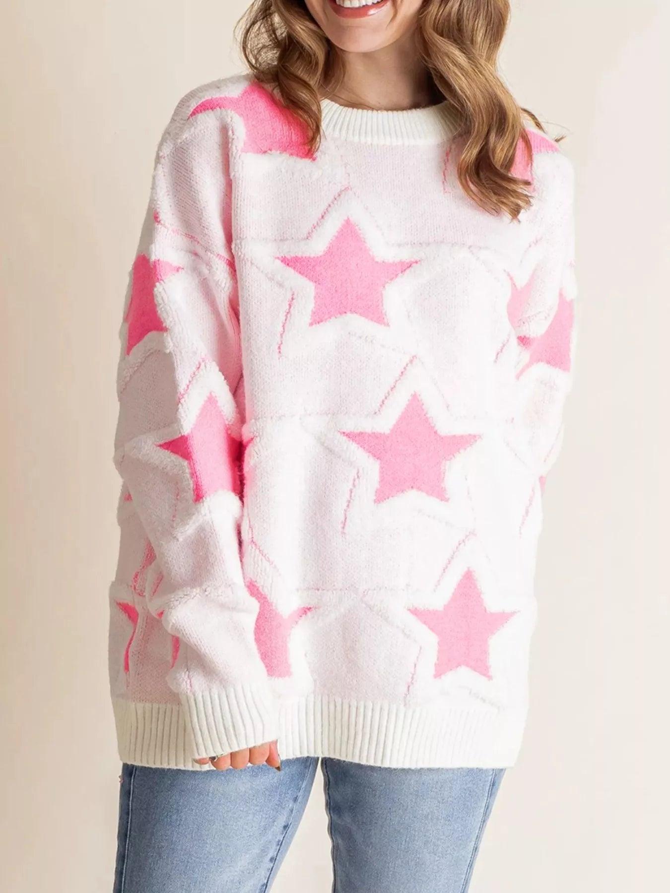 Blush Pink Oversized Star Pattern Ribbed Edge Drop Shoulder Sweater | Sweaters Daverri Fashions
