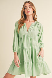 Aemi + Co Notched Balloon Sleeve Tiered Mini Dress Light Green