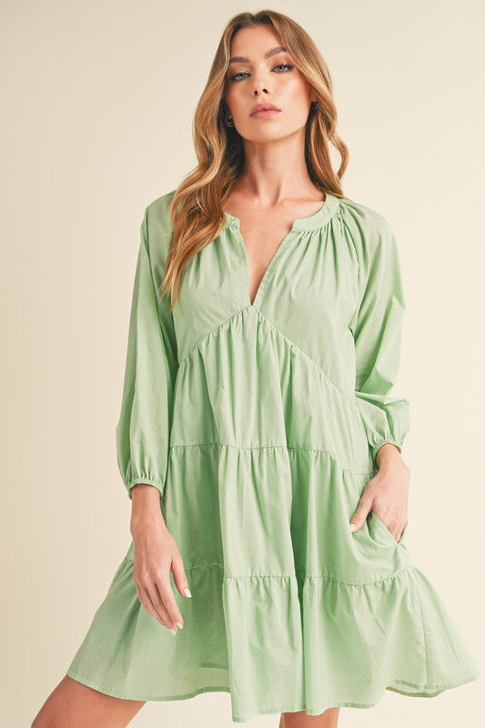 Aemi + Co Notched Balloon Sleeve Tiered Mini Dress Light Green