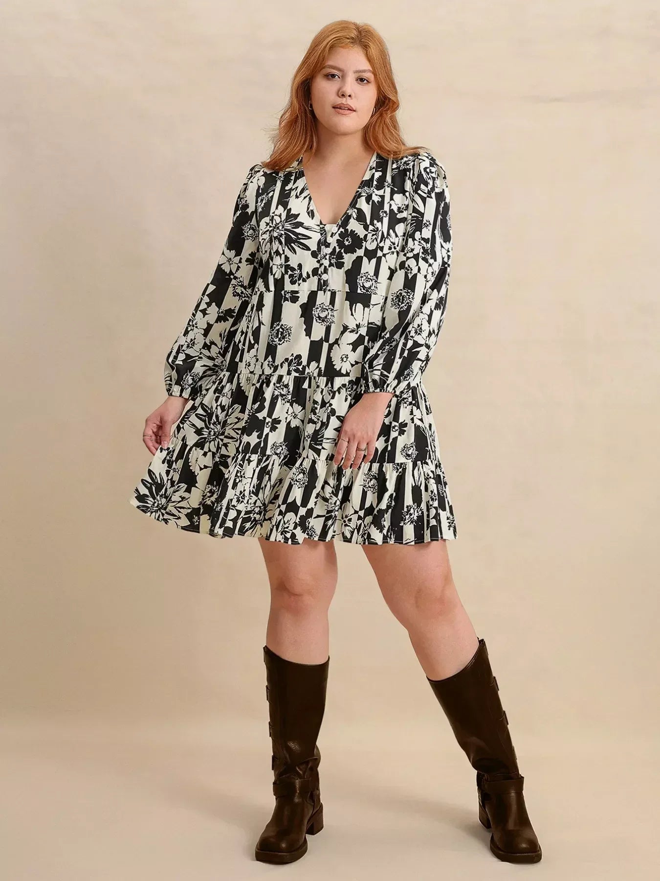 Plus Size Printed V-Neck Long Sleeve Mini Dress - DAVERRI FASHIONS