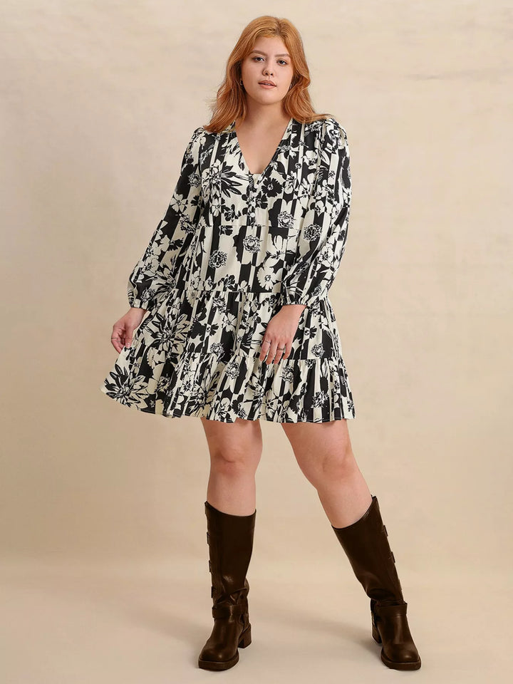 Plus Size Printed V-Neck Long Sleeve Mini Dress | Mini Dresses Daverri Fashions
