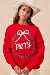 BiBi Christmas Wreath Merry Letter Knit Top | Knit Tops Daverri Fashions