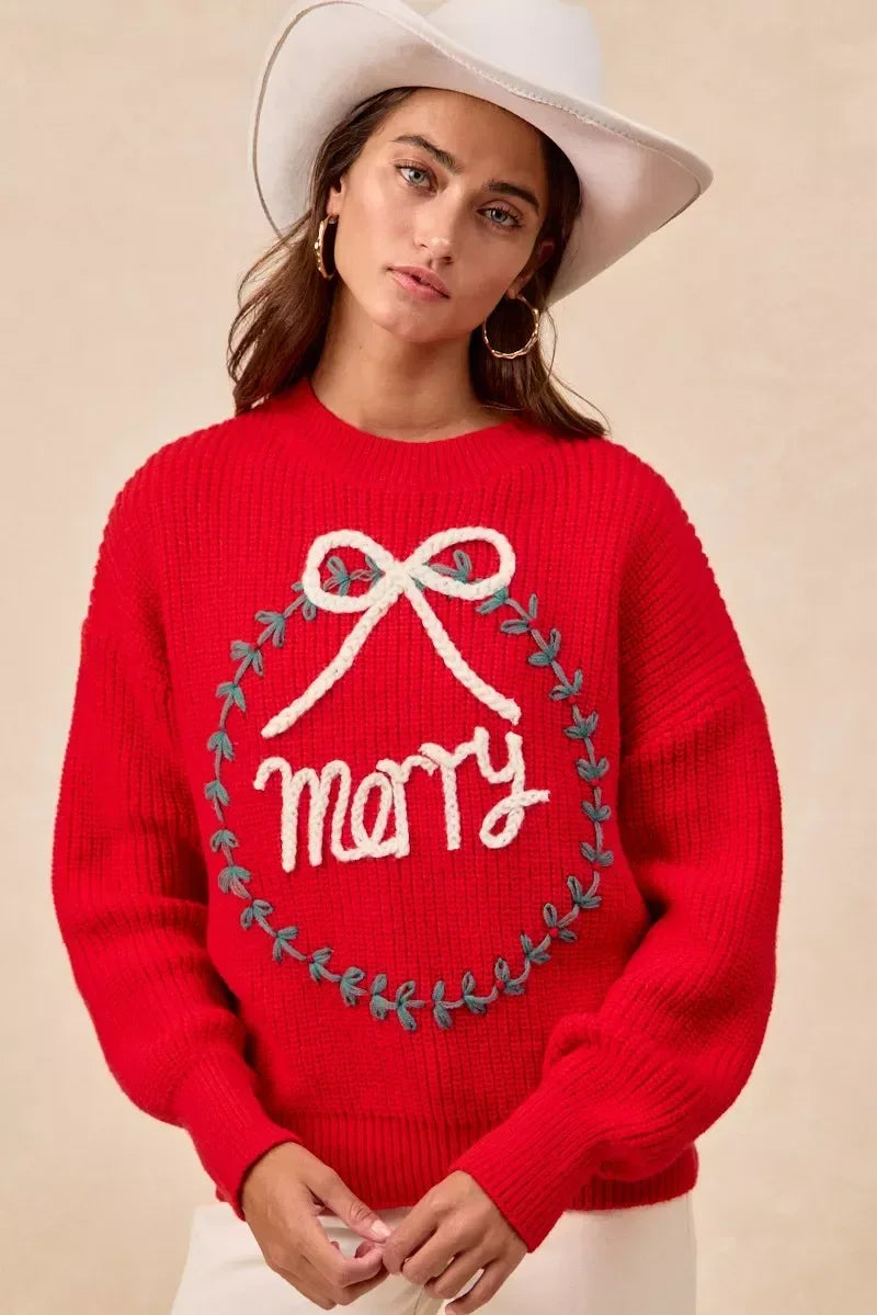 BiBi Christmas Wreath Merry Letter Knit Top - DAVERRI FASHIONS