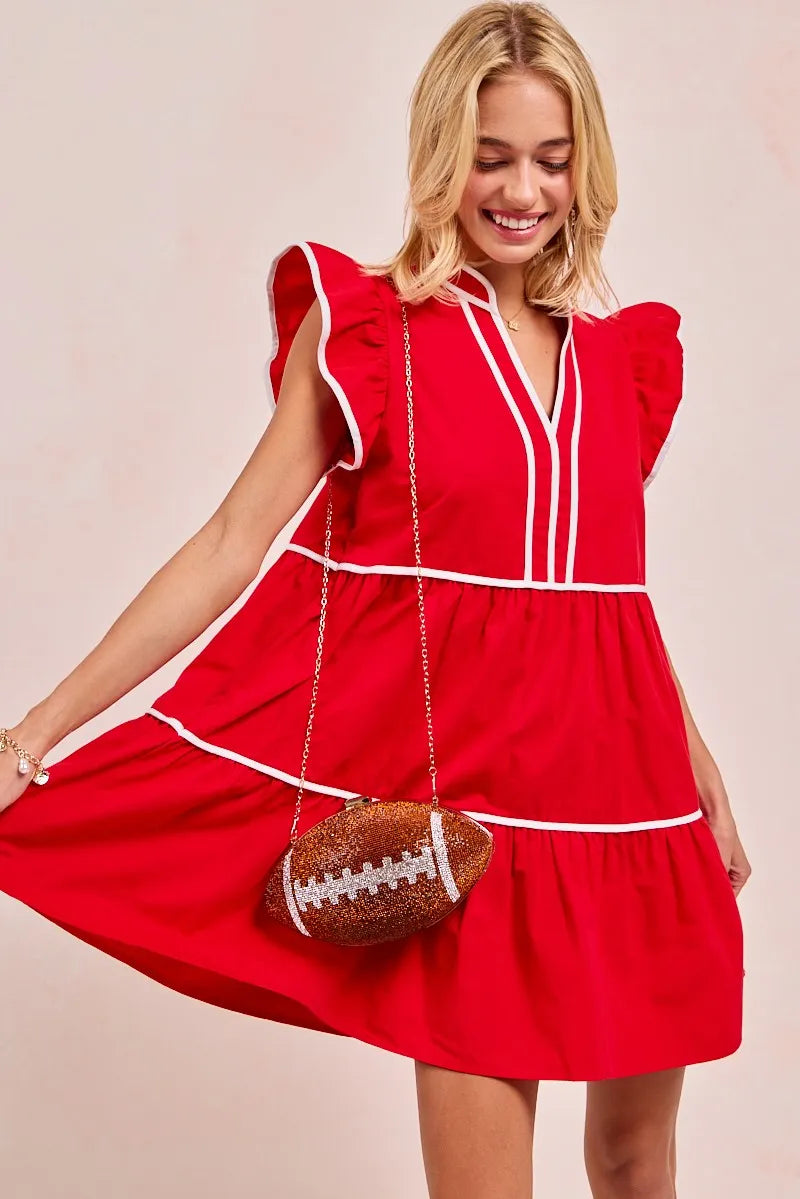 BiBi Gameday Theme Contrast Binding Ruffled Dress RED Mini Dresses