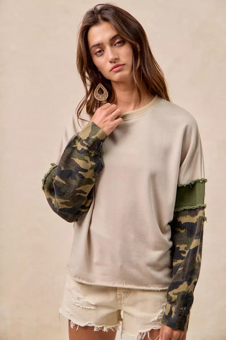BiBi Camo Sleeve French Terry Top with Frayed Edge | Daverri Fashions